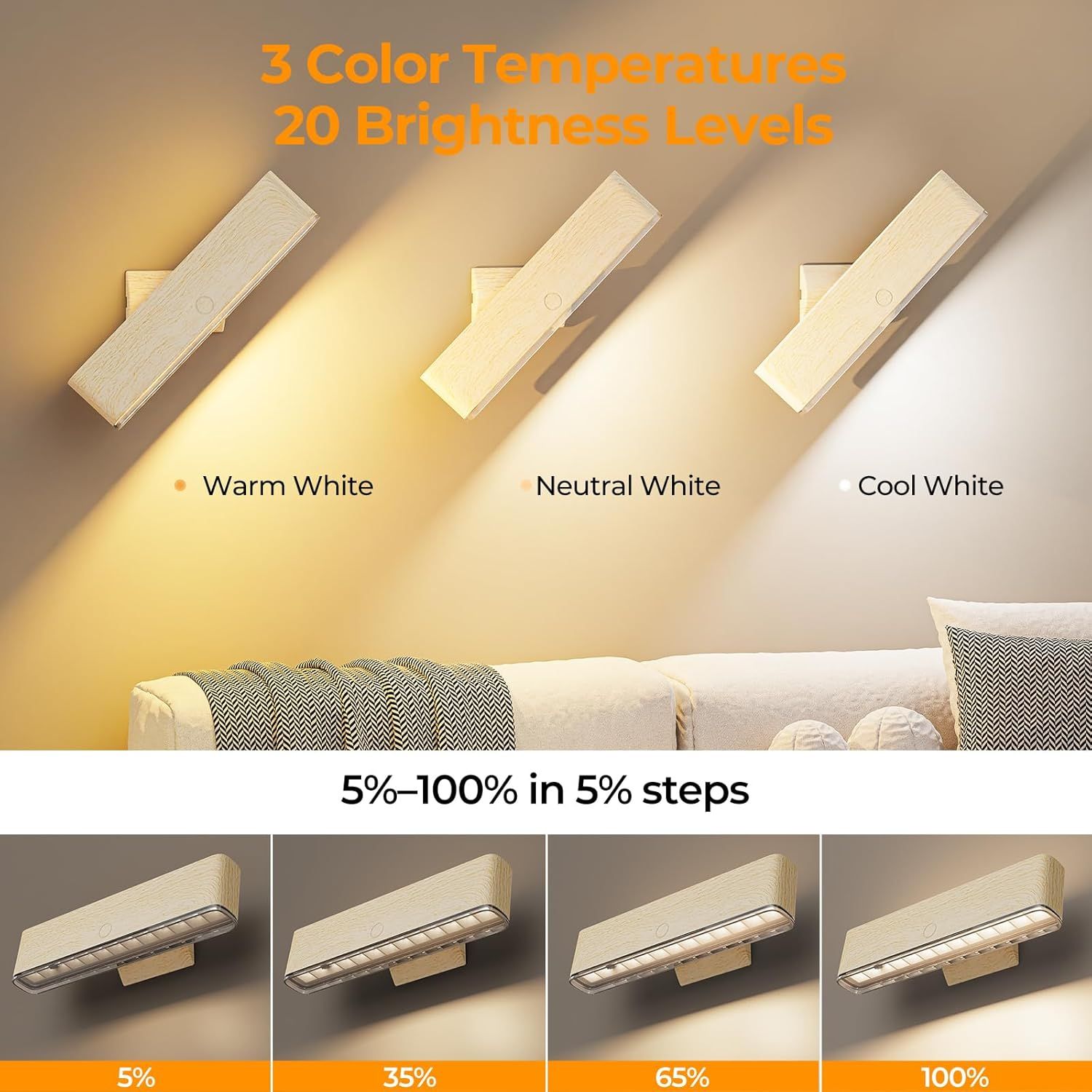 Magnetic Wireless Rechargeable LED Wall Sconce Set of 2 with Remote & Touch Control, 3-Color Temperature, 360° Rotatable - Beech