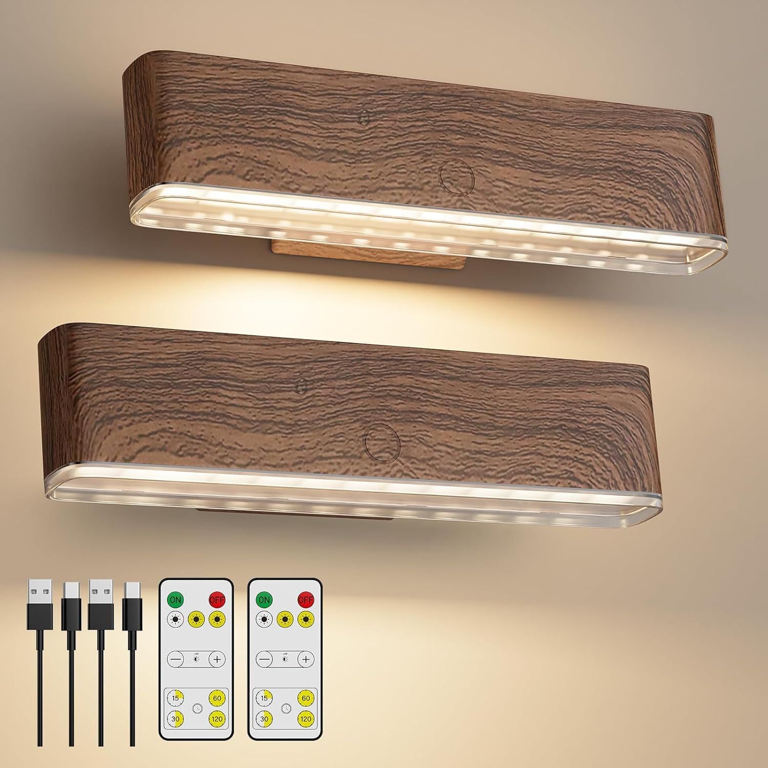 Magnetic Wireless Rechargeable LED Wall Sconce Set of 2 with Remote & Touch Control, 3-Color Temperature, 360° Rotatable - Walnut