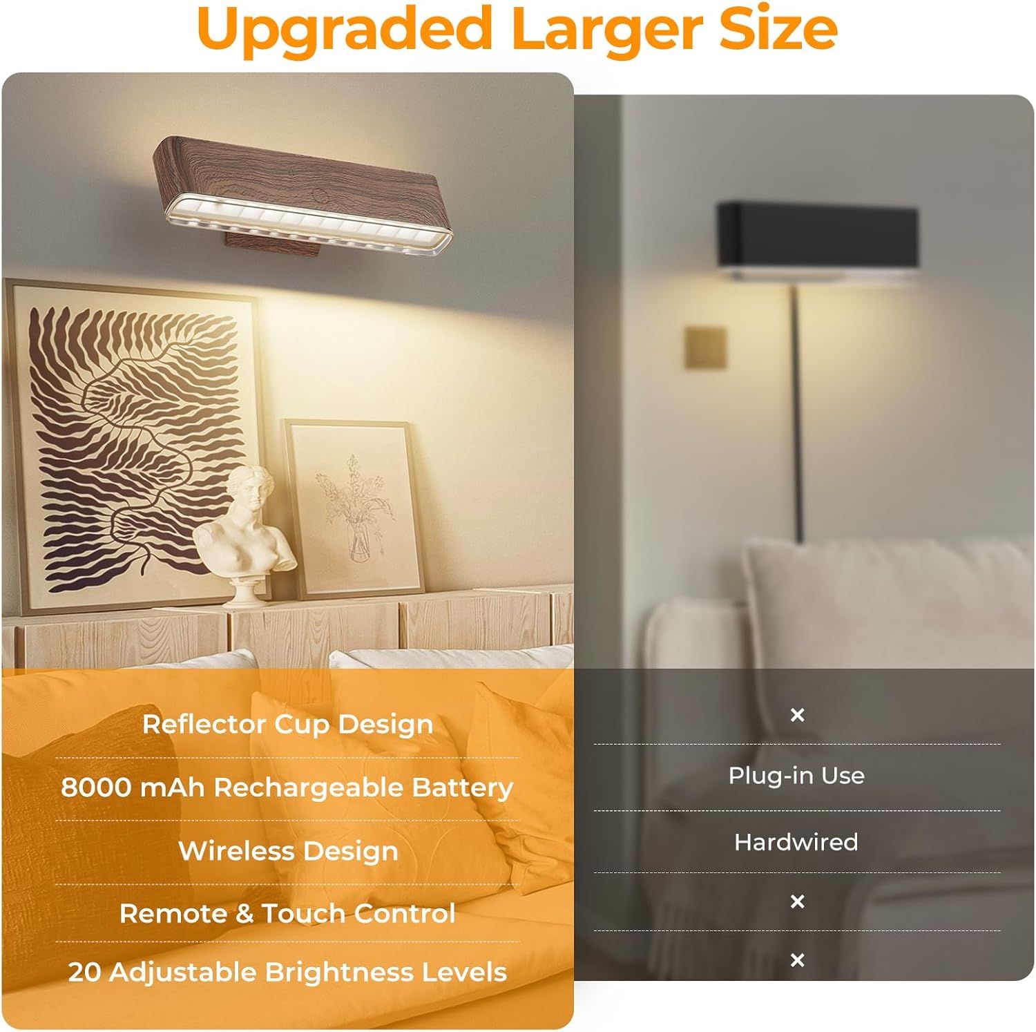 Magnetic Wireless Rechargeable LED Wall Sconce Set of 2 with Remote & Touch Control, 3-Color Temperature, 360° Rotatable - Walnut
