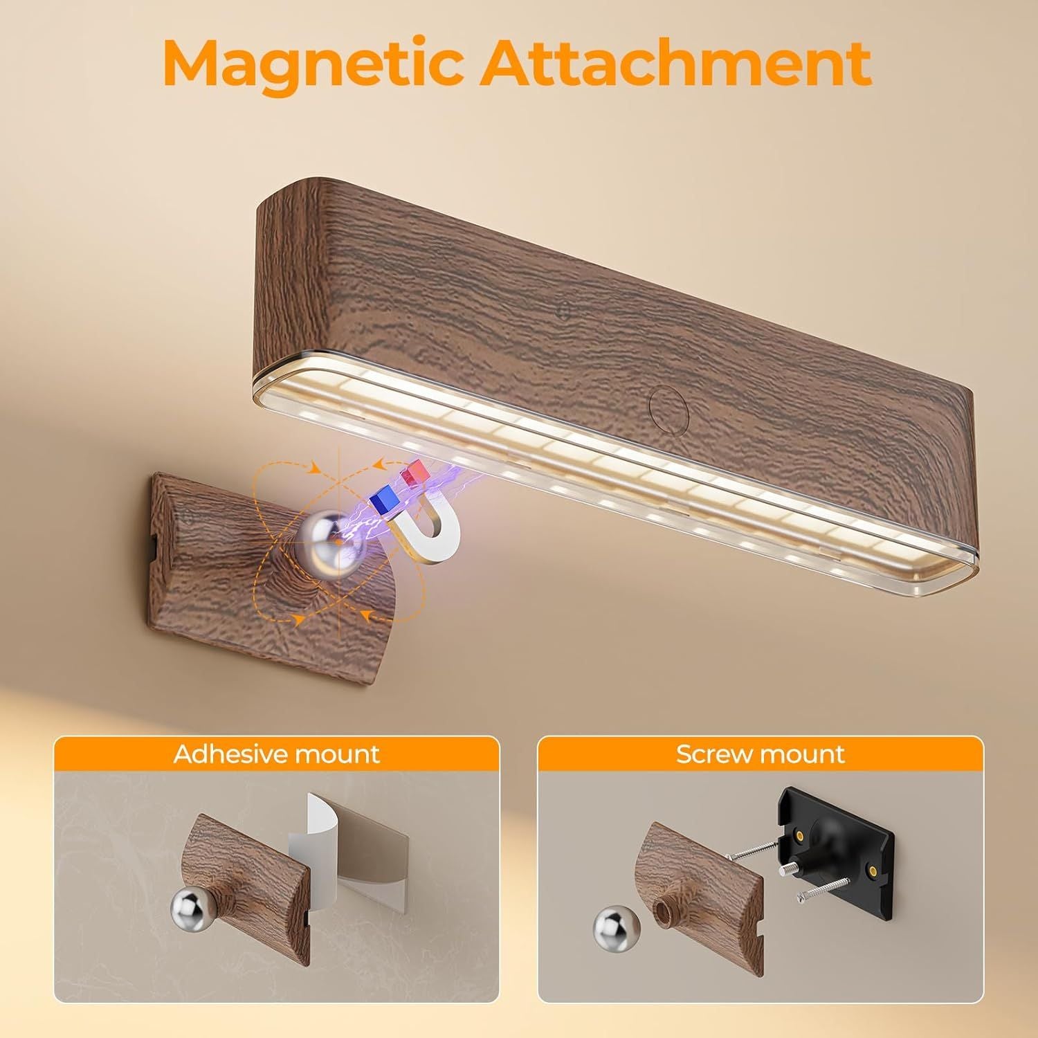 Magnetic Wireless Rechargeable LED Wall Sconce Set of 2 with Remote & Touch Control, 3-Color Temperature, 360° Rotatable - Walnut