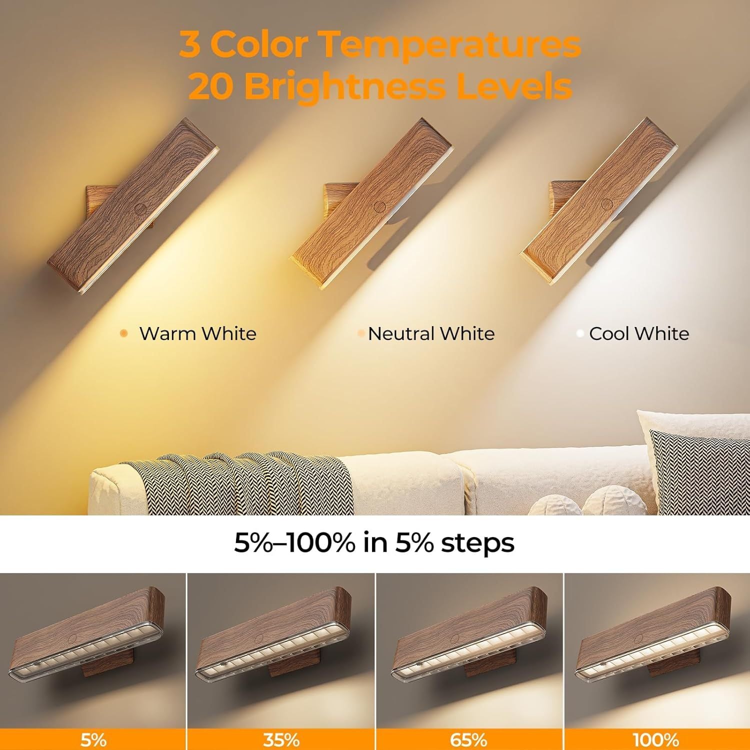 Magnetic Wireless Rechargeable LED Wall Sconce Set of 2 with Remote & Touch Control, 3-Color Temperature, 360° Rotatable - Walnut