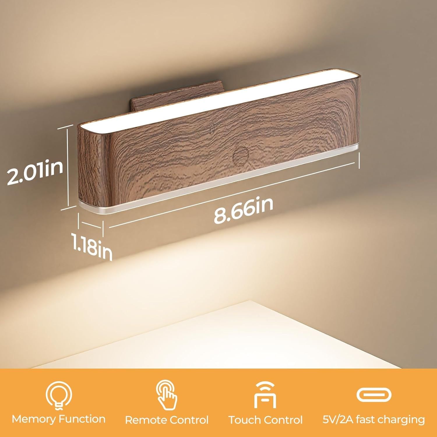 Magnetic Wireless Rechargeable LED Wall Sconce Set of 2 with Remote & Touch Control, 3-Color Temperature, 360° Rotatable - Walnut
