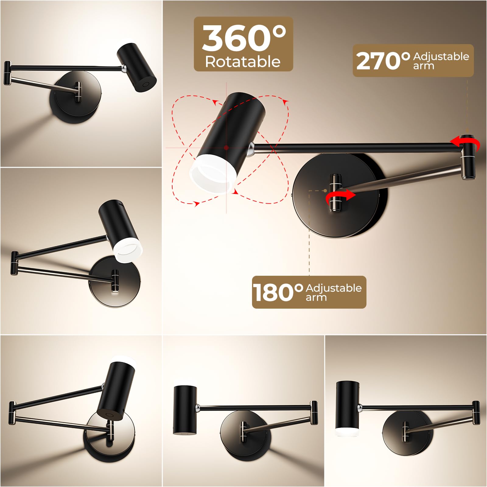 Battery Operated Swing Arm Wall Sconces Set of 2 with Remote Control, Dimmable LED Wall Lamps - Not Hardwired