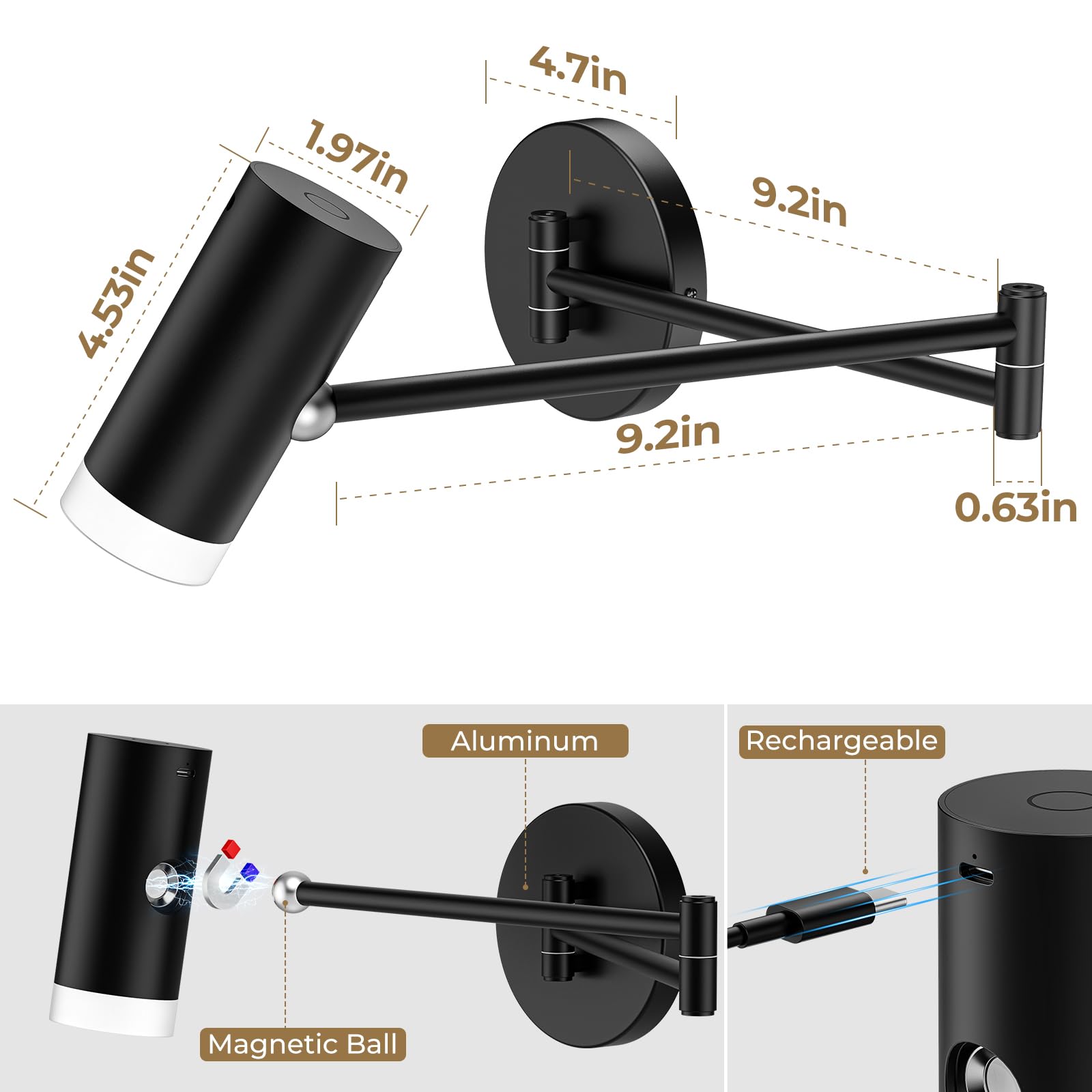 Battery Operated Swing Arm Wall Sconces Set of 2 with Remote Control, Dimmable LED Wall Lamps - Not Hardwired