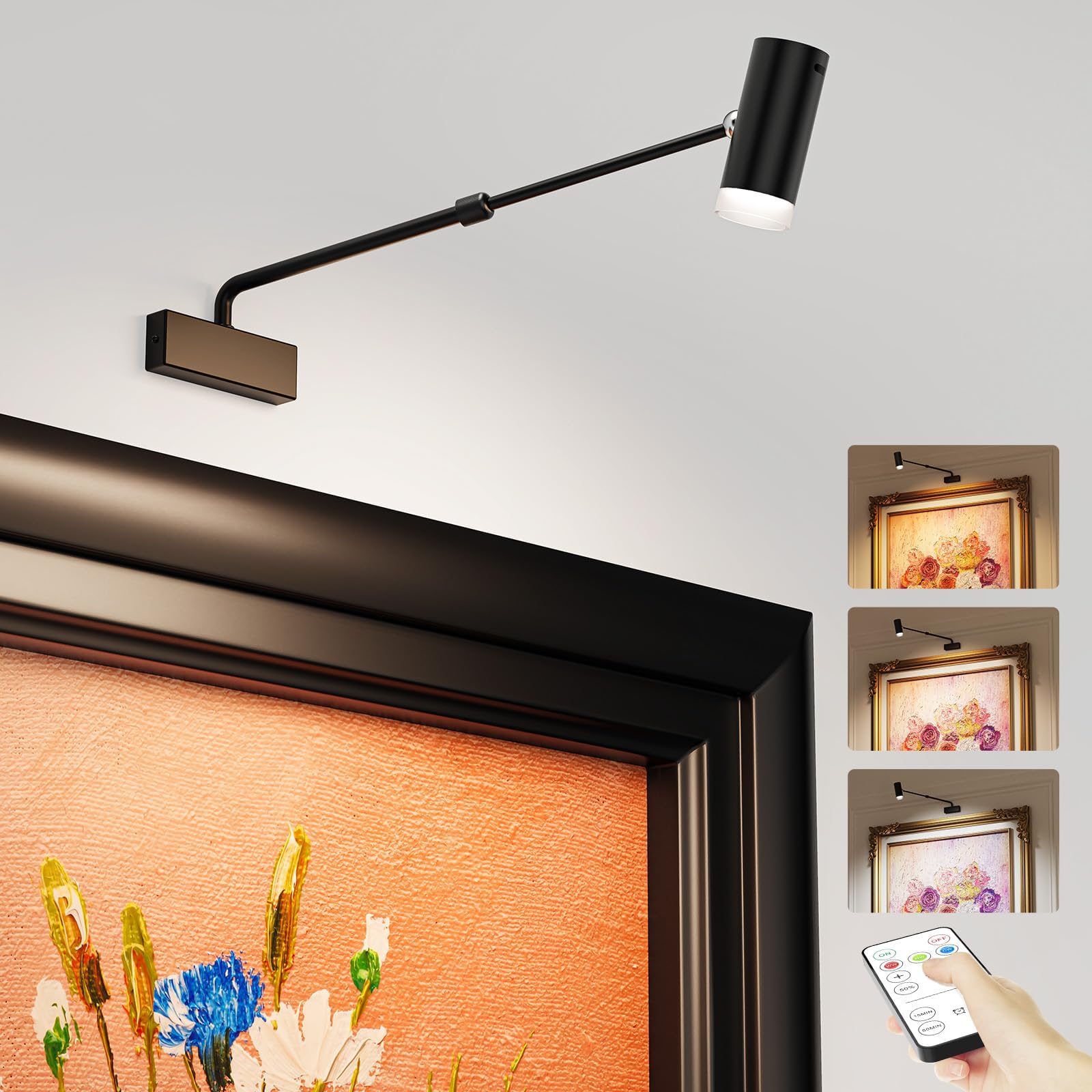 Rechargeable Adjustable Picture Light with Remote, 4000mAh Dimmable LED Art Wall Sconce - White