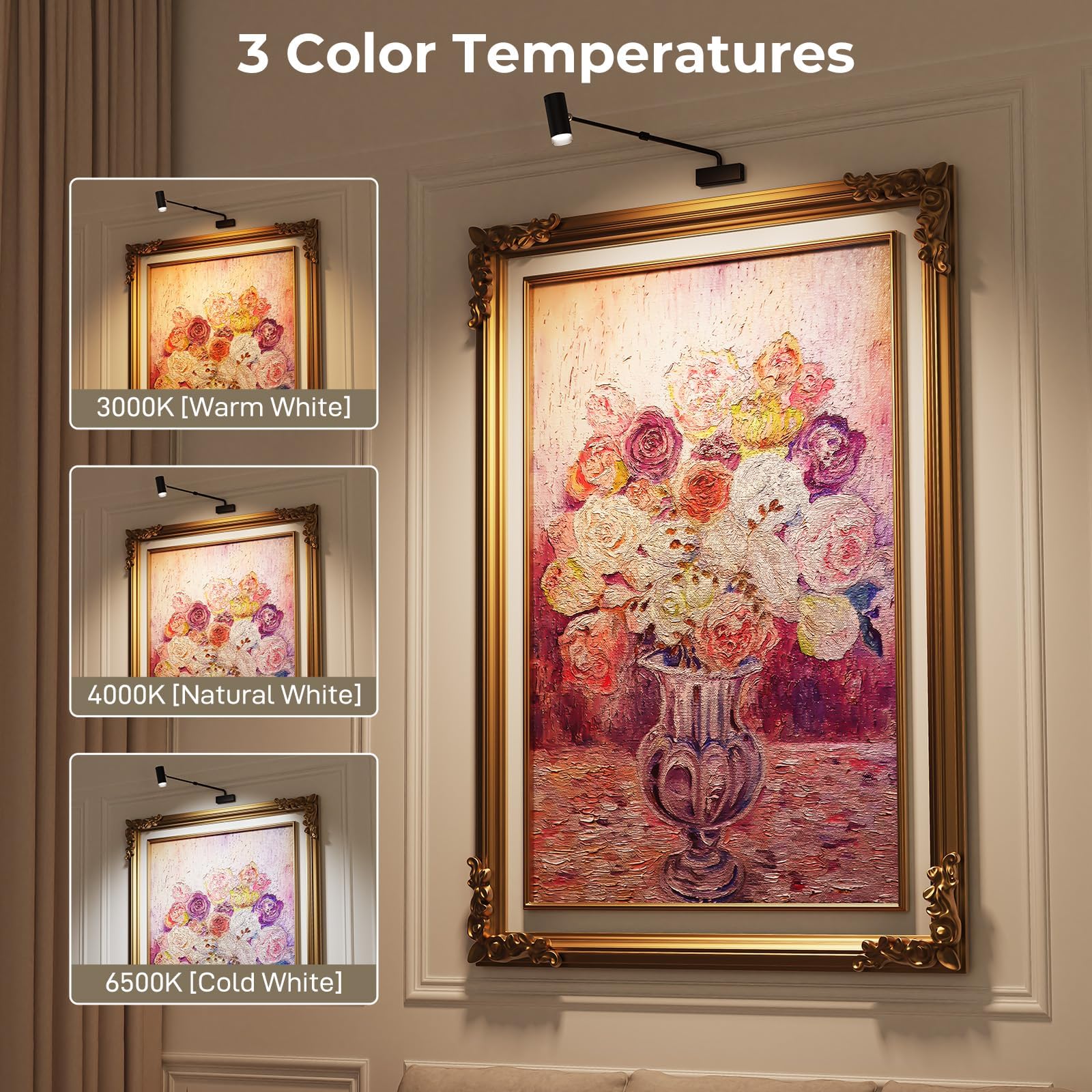 Rechargeable Adjustable Picture Light with Remote, 4000mAh Dimmable LED Art Wall Sconce - White
