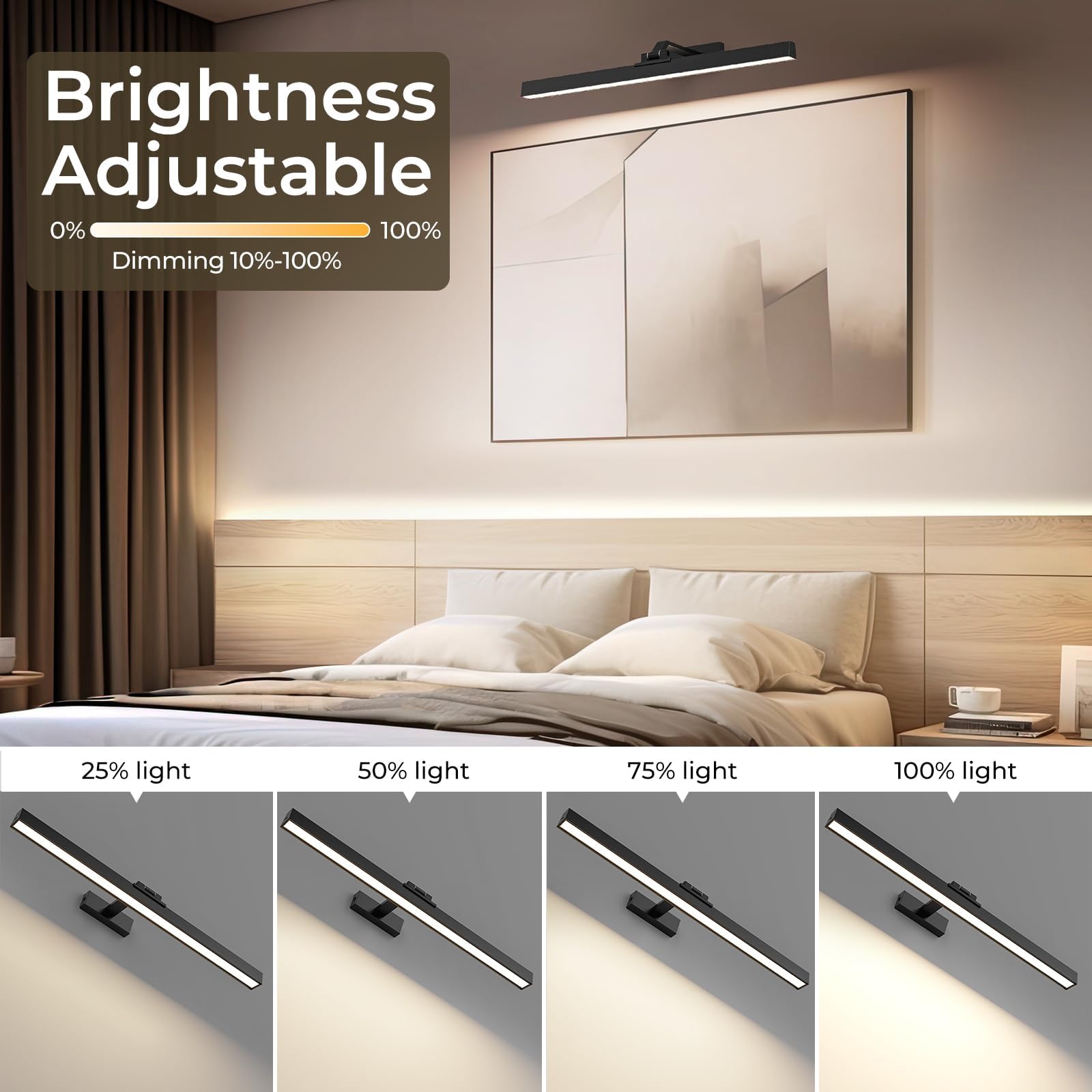 24in Battery-Powered CCT Dimmable Wall Picture Light with Remote Control - Black