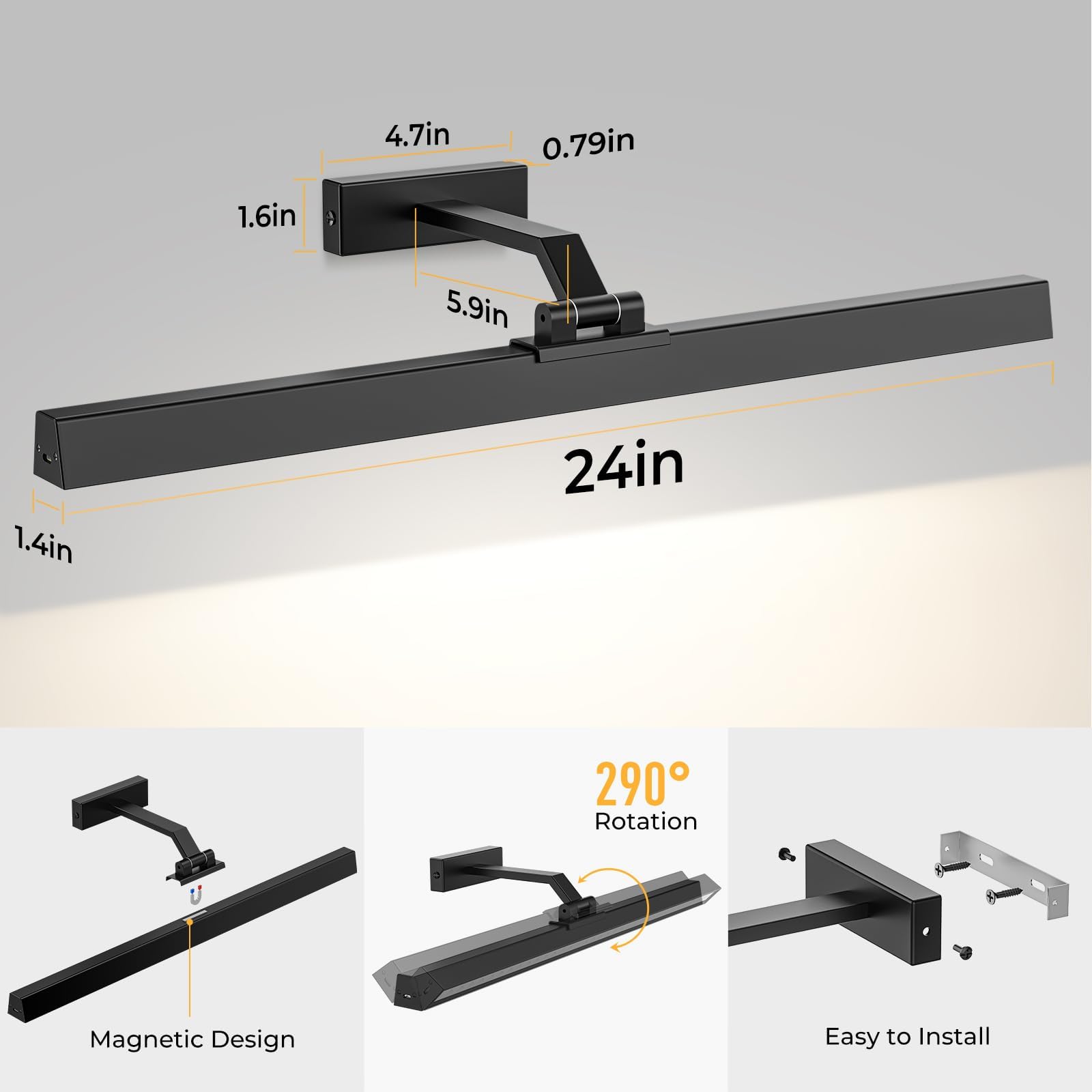24in Battery-Powered CCT Dimmable Wall Picture Light with Remote Control - Black