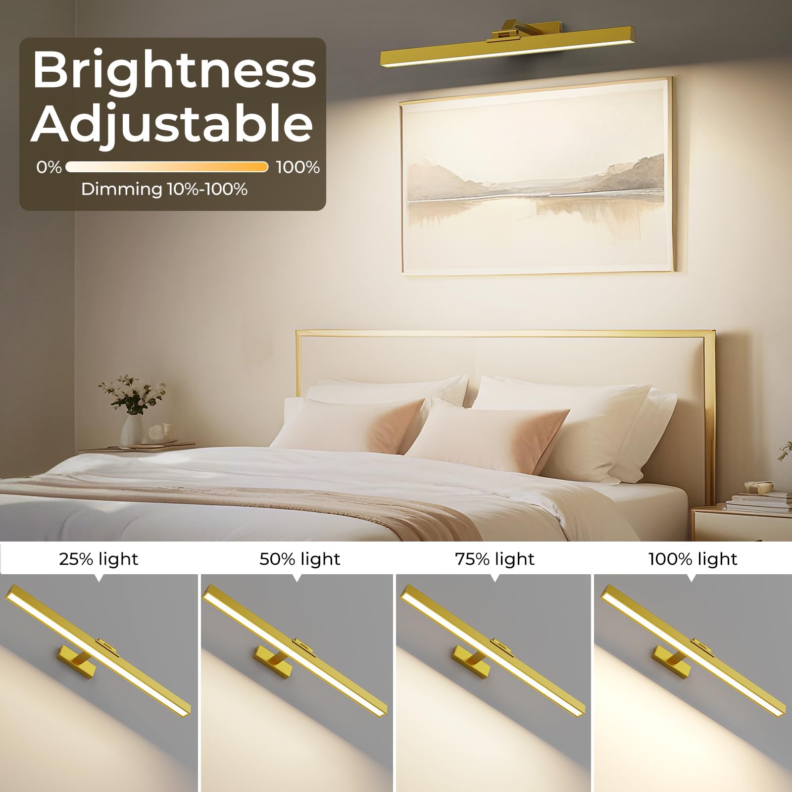 24in Battery-Powered Rechargeable Wall Picture Light with Remote Control, CCT Dimmable - Gold