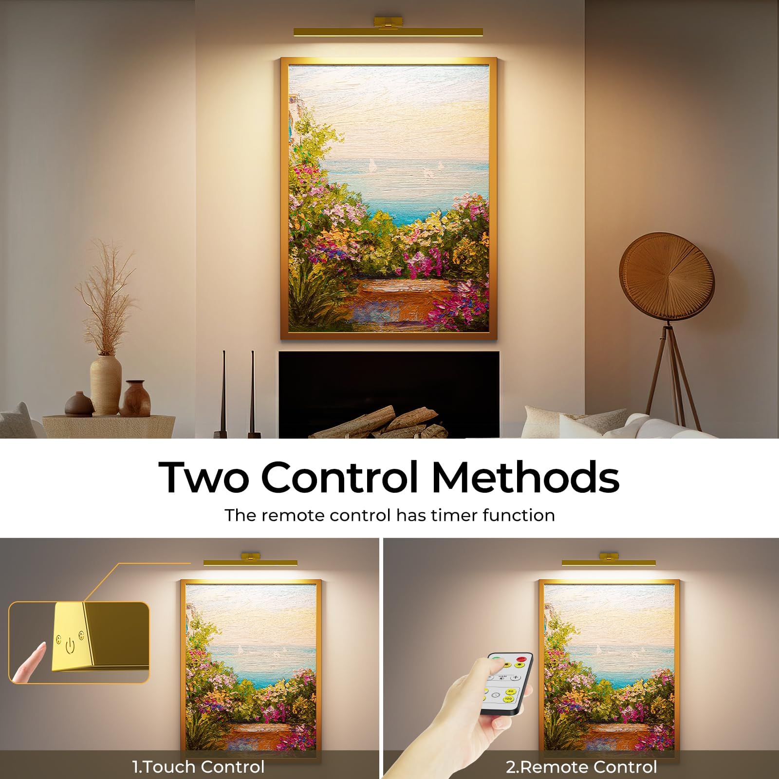24in Battery-Powered Rechargeable Wall Picture Light with Remote Control, CCT Dimmable - Gold