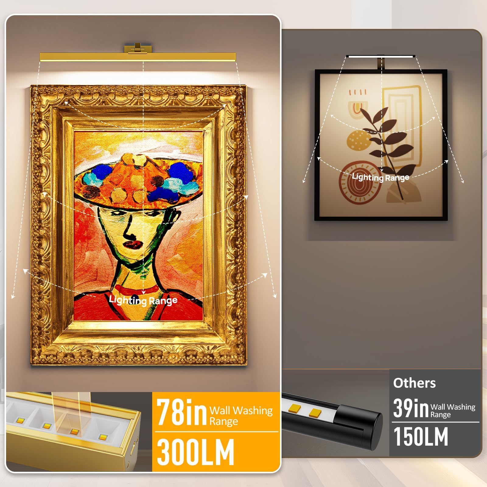 24in Battery-Powered Rechargeable Wall Picture Light with Remote Control, CCT Dimmable - Gold