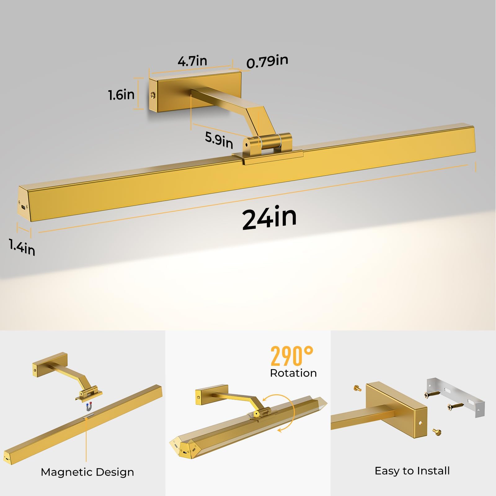 24in Battery-Powered Rechargeable Wall Picture Light with Remote Control, CCT Dimmable - Gold
