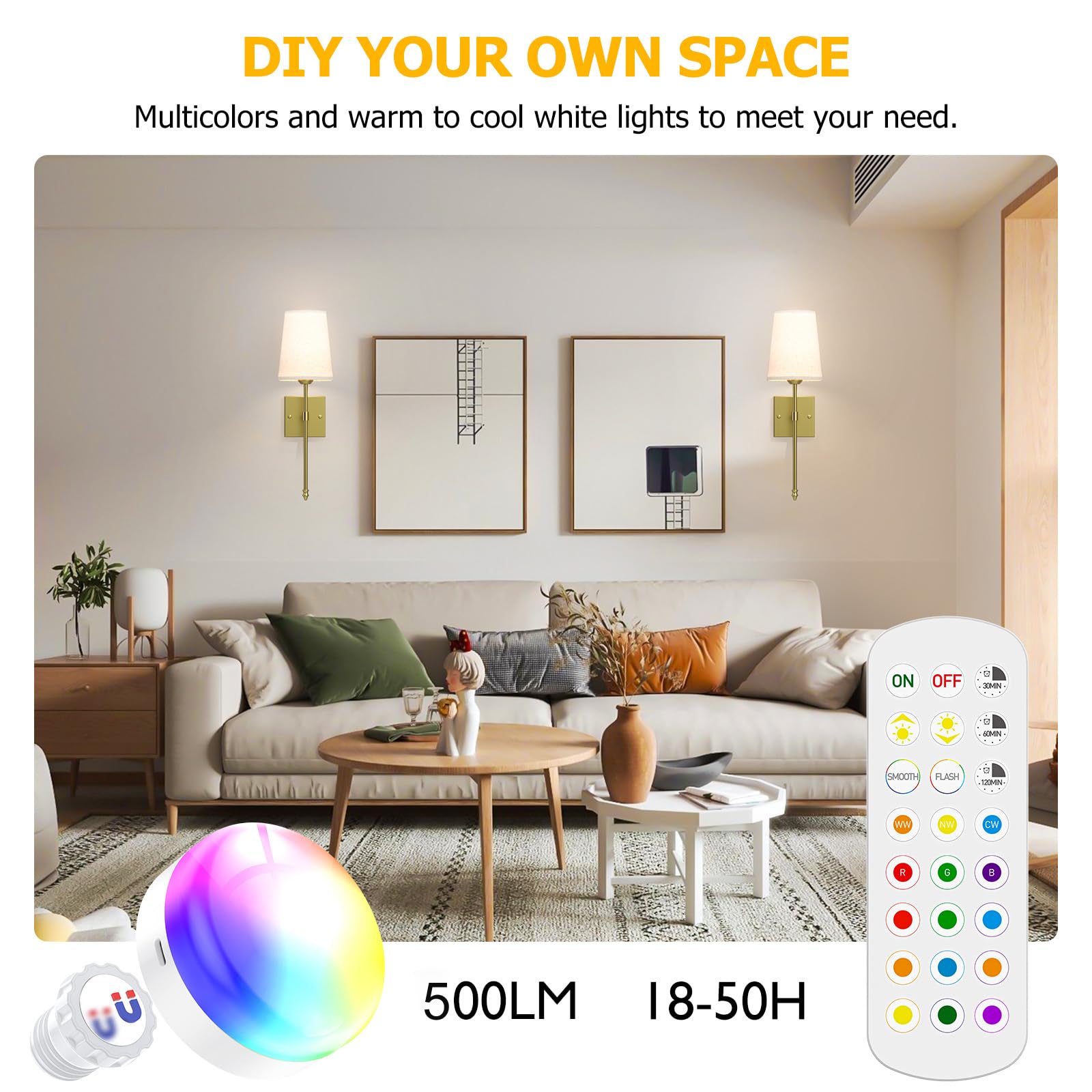 Rechargeable Battery Operated Wall Sconce Set of 2 with Remote, Dimmable RGB 3 Color Temperature, 5000mAh Indoor Wall Lamp - Gold