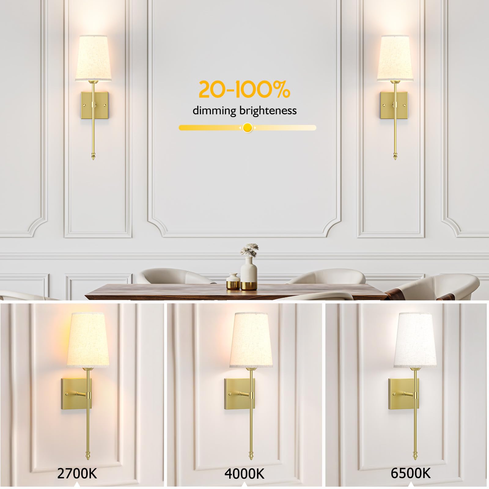 Rechargeable Battery Operated Wall Sconce Set of 2 with Remote, Dimmable RGB 3 Color Temperature, 5000mAh Indoor Wall Lamp - Gold