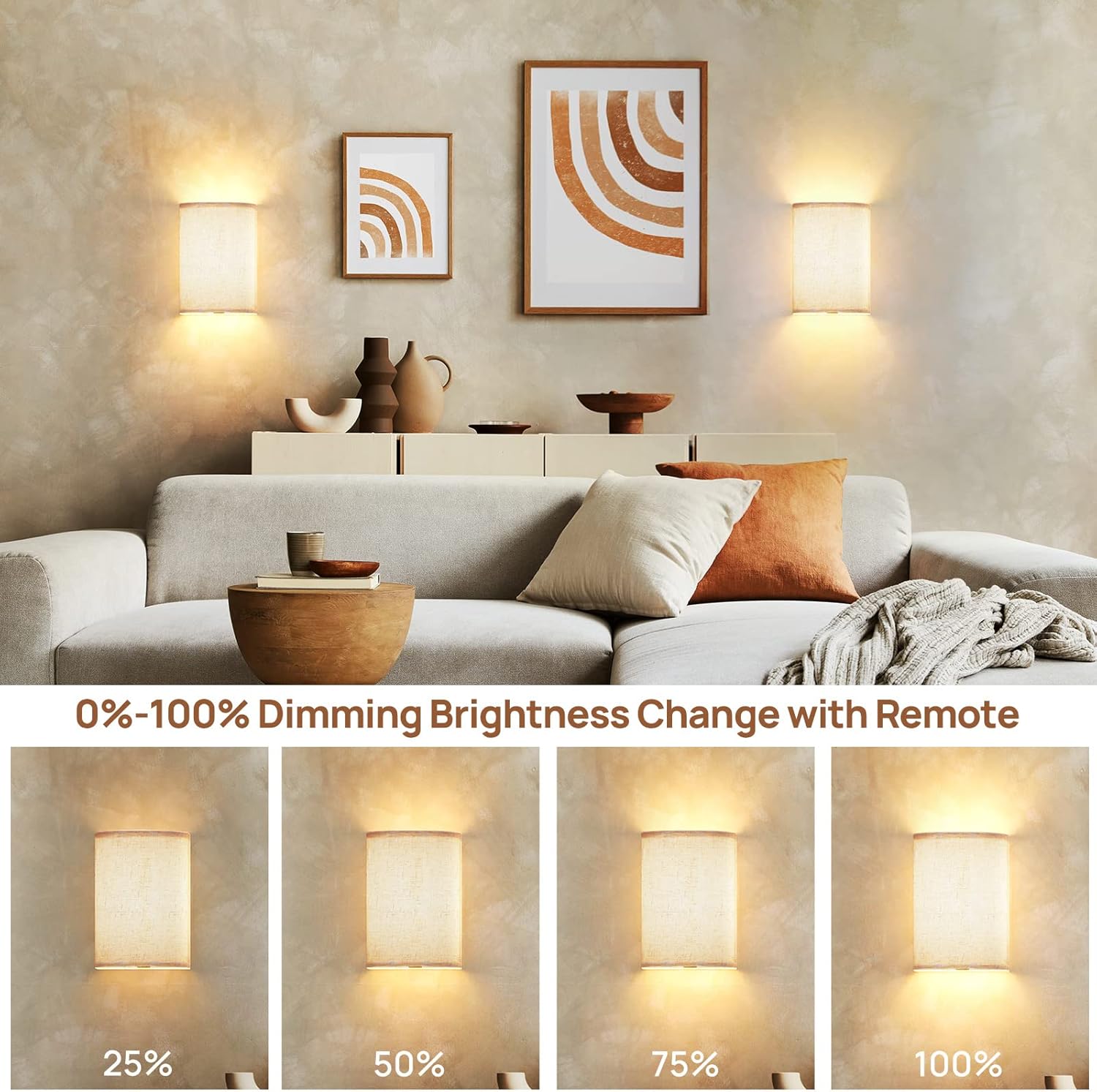 Battery Operated RGB Wall Lights 2 Pack with Remote Control, Rustic Boho Linen Shade Wall Sconces - Multicolor