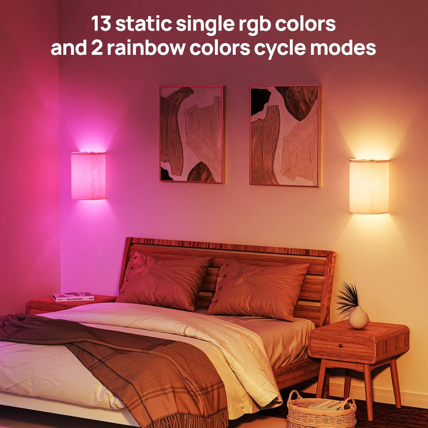 Battery Operated RGB Wall Lights 2 Pack with Remote Control, Rustic Boho Linen Shade Wall Sconces - Multicolor