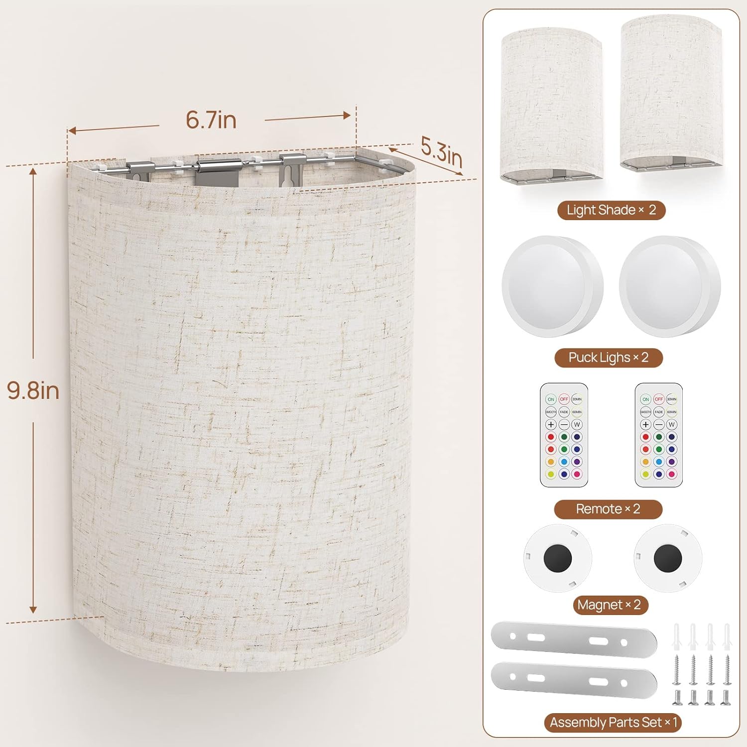 Battery Operated RGB Wall Lights 2 Pack with Remote Control, Rustic Boho Linen Shade Wall Sconces - Multicolor