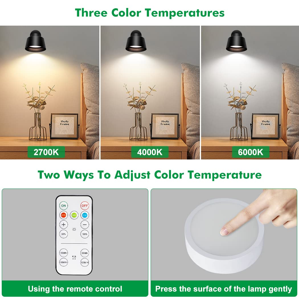 Wireless LED Night Wall Light 2 Pack with Remote, Rechargeable, Dimmable Touch Lamp for Bedroom Living Room - Black