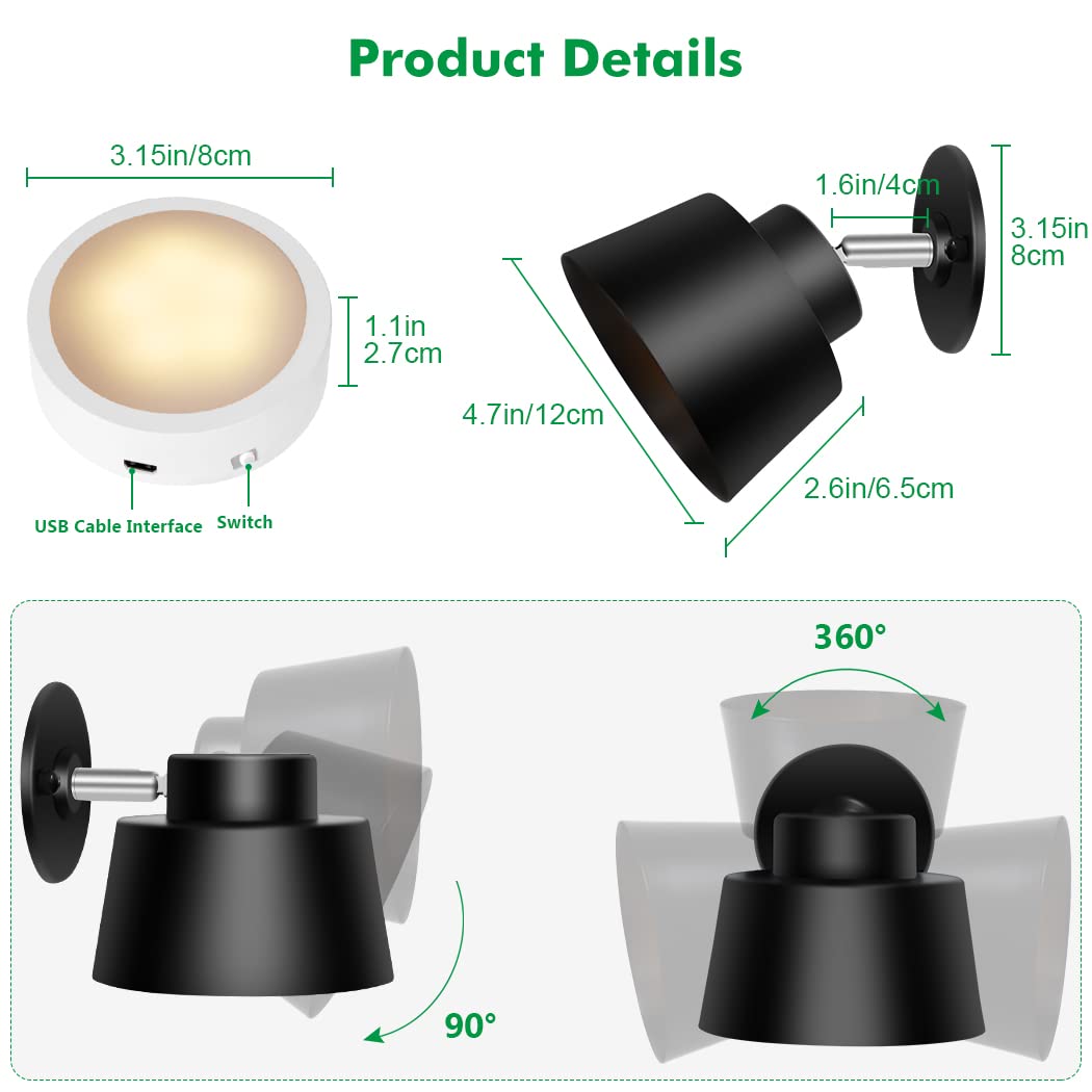 Wireless LED Night Wall Light 2 Pack with Remote, Rechargeable, Dimmable Touch Lamp for Bedroom Living Room - Black