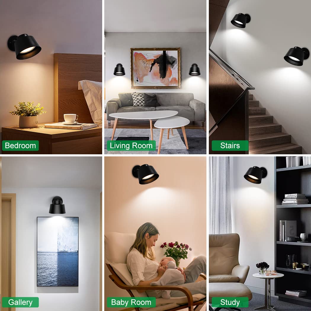 Wireless LED Night Wall Light 2 Pack with Remote, Rechargeable, Dimmable Touch Lamp for Bedroom Living Room - Black