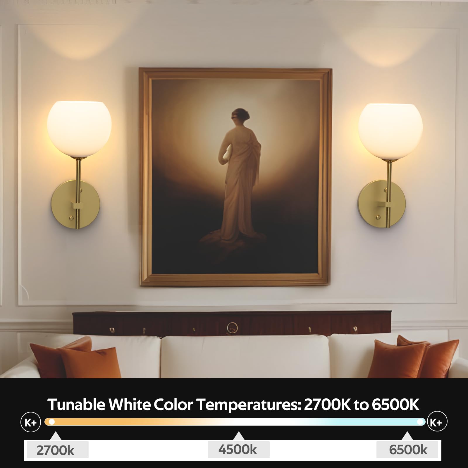 Rechargeable Battery Operated Indoor Wall Light with Remote, 3 Color Modes & RGB, Frosted Glass Wall Lamp 2 Pack - Gold