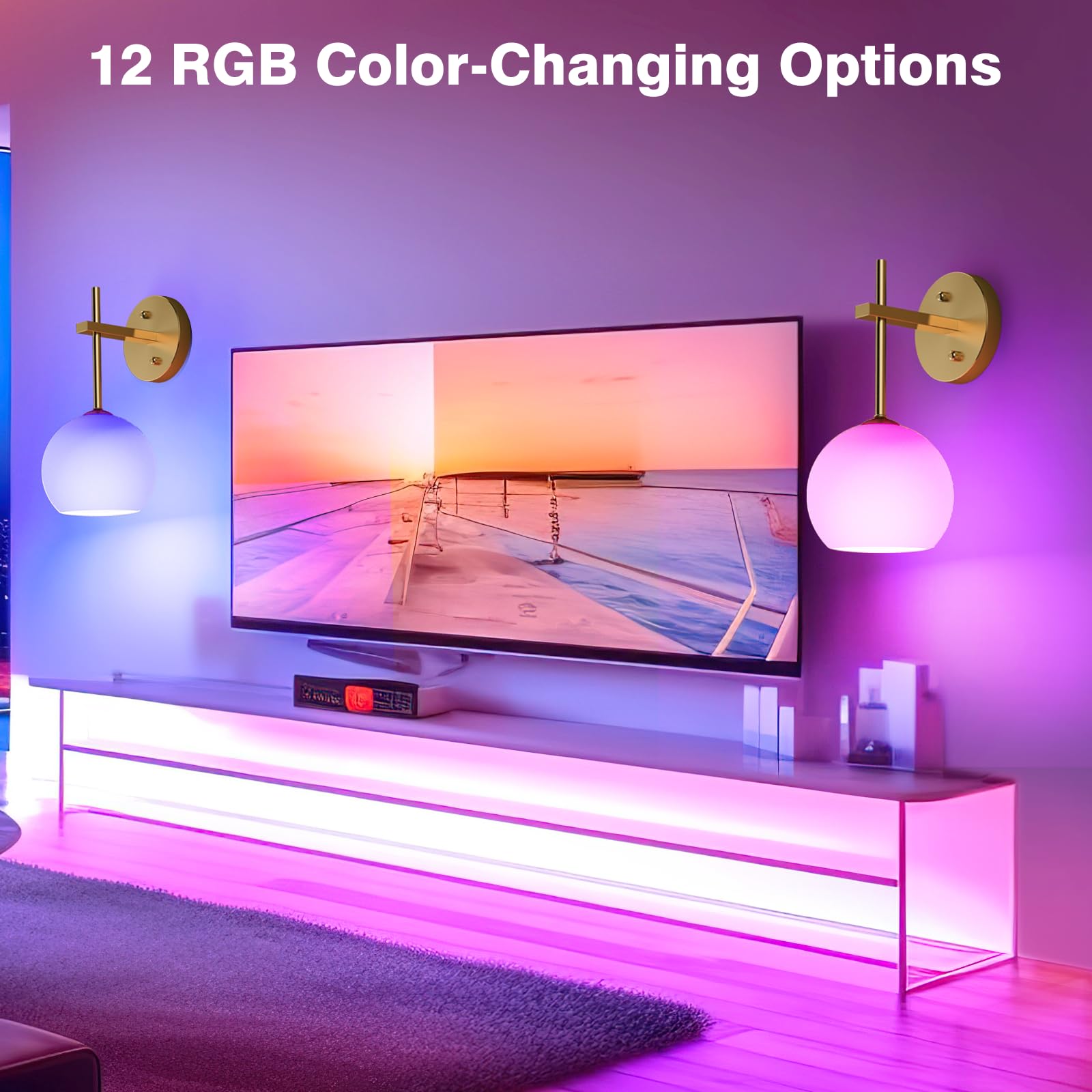 Rechargeable Battery Operated Indoor Wall Light with Remote, 3 Color Modes & RGB, Frosted Glass Wall Lamp 2 Pack - Gold