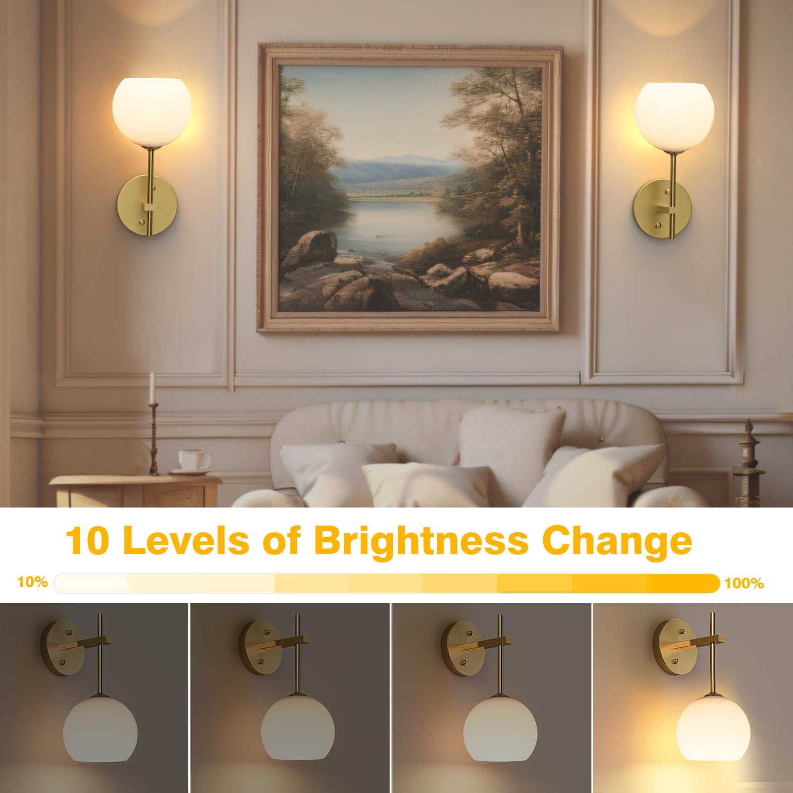 Rechargeable Battery Operated Indoor Wall Light with Remote, 3 Color Modes & RGB, Frosted Glass Wall Lamp 2 Pack - Gold