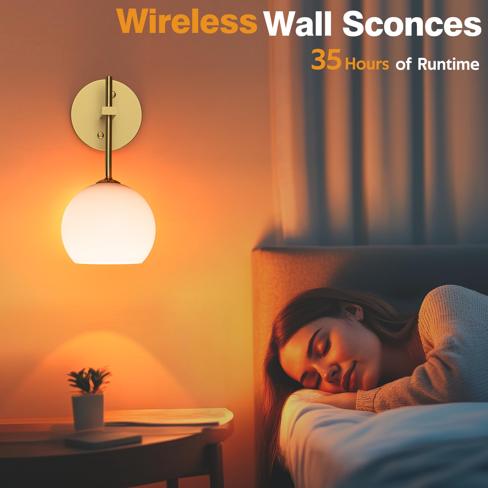 Rechargeable Battery Operated Indoor Wall Light with Remote, 3 Color Modes & RGB, Frosted Glass Wall Lamp 2 Pack - Gold