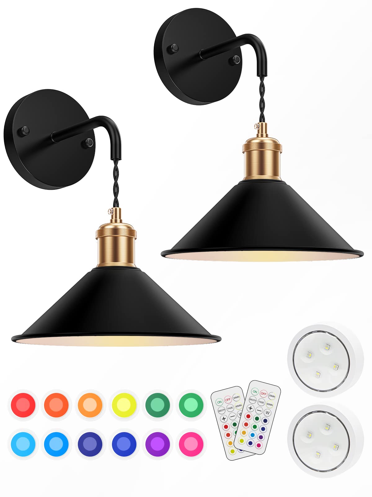 Battery Operated Wireless Wall Sconce Set of 2 with 13 RGB Colors, Dimmable Remote, Memory Function, Auto Timer - Multi-Color