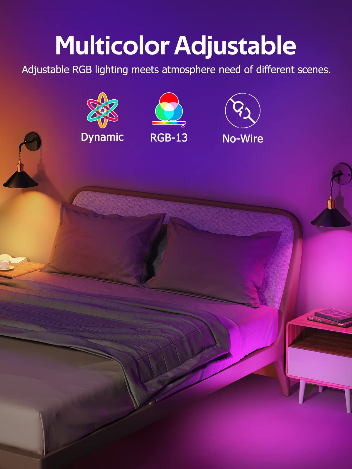 Battery Operated Wireless Wall Sconce Set of 2 with 13 RGB Colors, Dimmable Remote, Memory Function, Auto Timer - Multi-Color