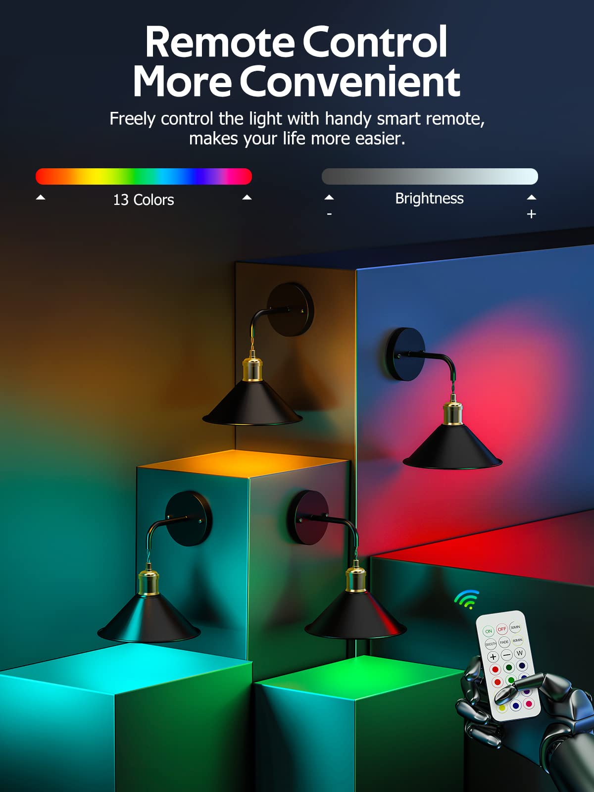 Battery Operated Wireless Wall Sconce Set of 2 with 13 RGB Colors, Dimmable Remote, Memory Function, Auto Timer - Multi-Color