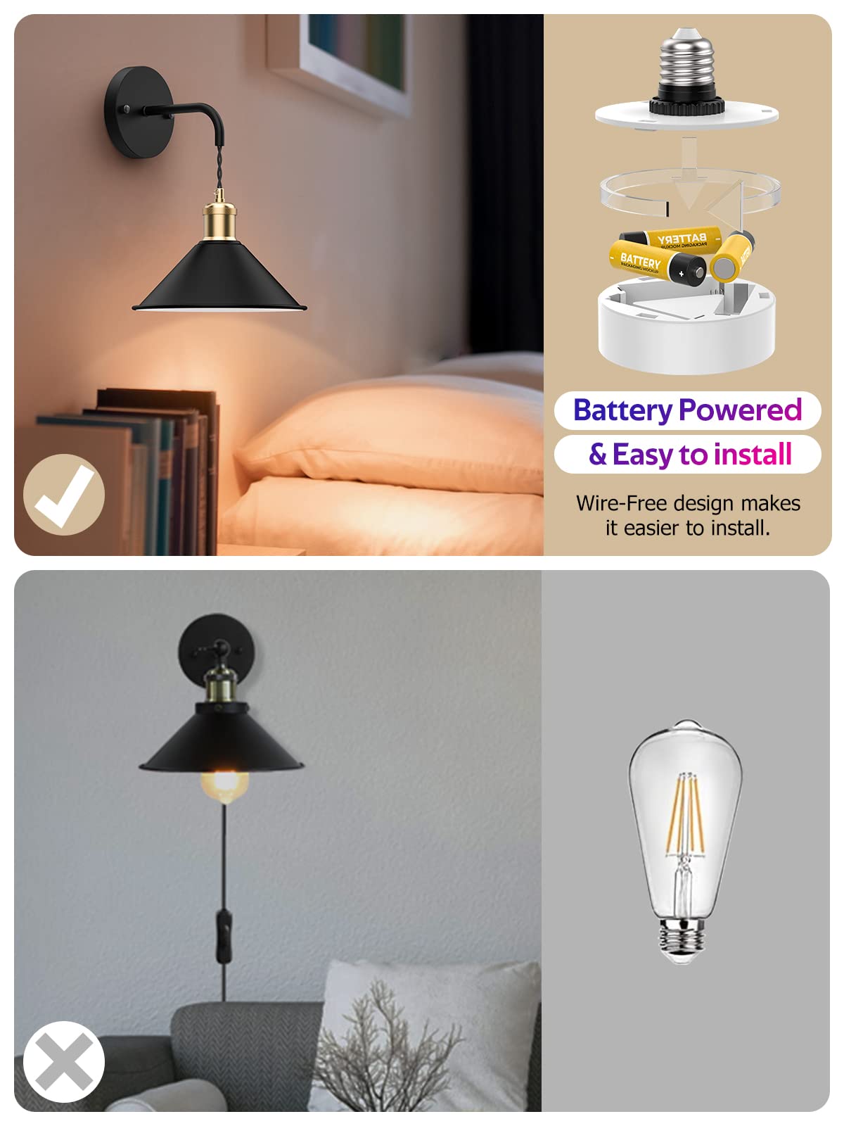 Battery Operated Wireless Wall Sconce Set of 2 with 13 RGB Colors, Dimmable Remote, Memory Function, Auto Timer - Multi-Color