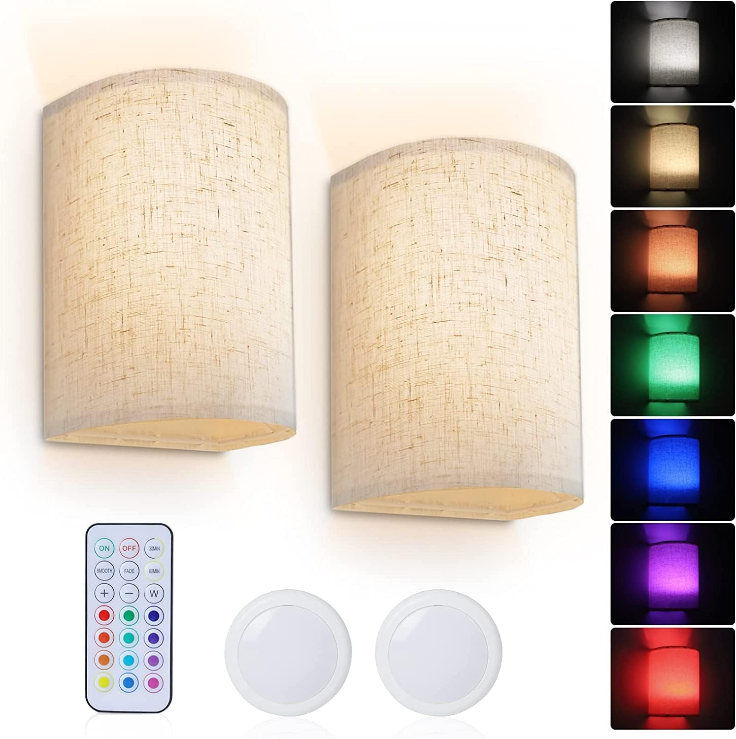 Wireless Battery Operated LED Wall Lights with Remote, 12 Colors + Day White Dimmable Fabric Shade Wall Lamp - Beige