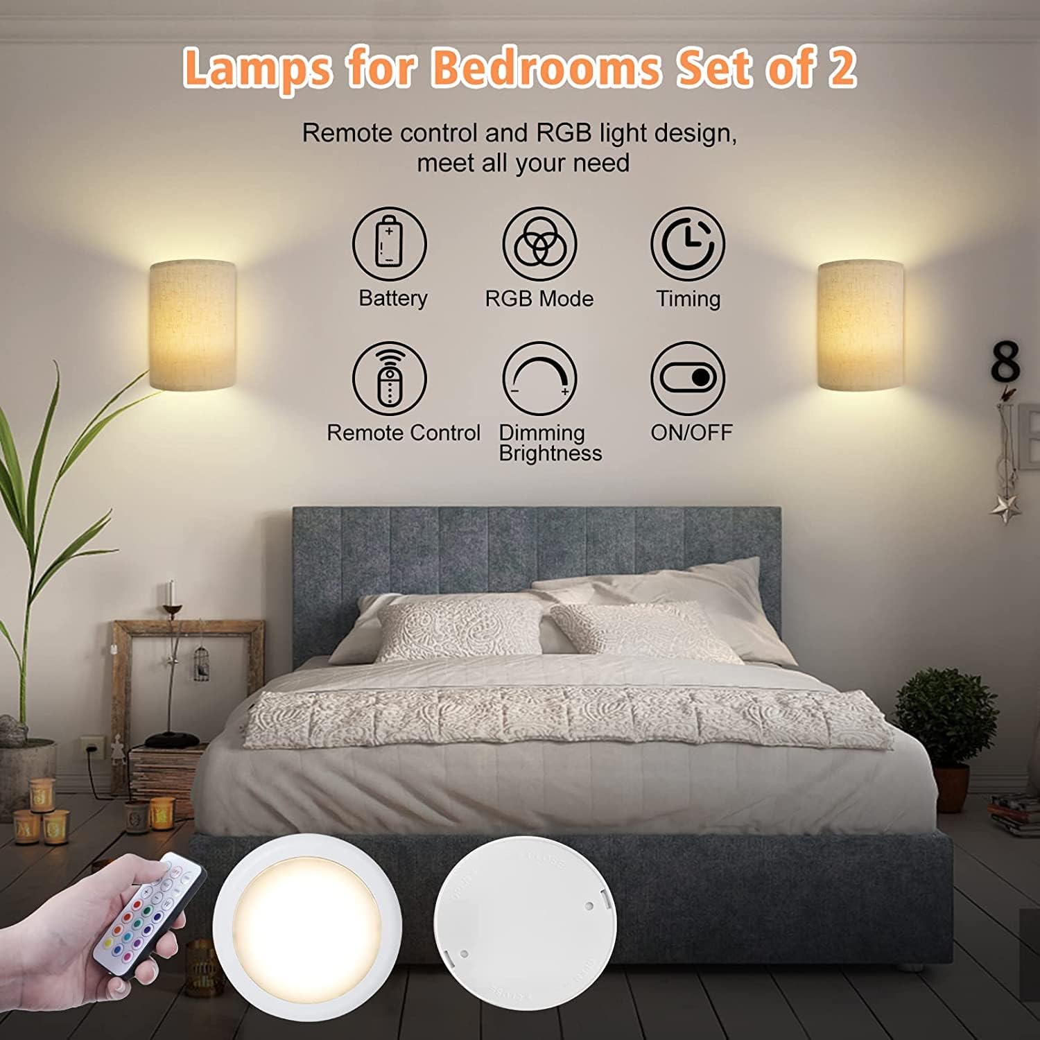 Wireless Battery Operated LED Wall Lights with Remote, 12 Colors + Day White Dimmable Fabric Shade Wall Lamp - Beige
