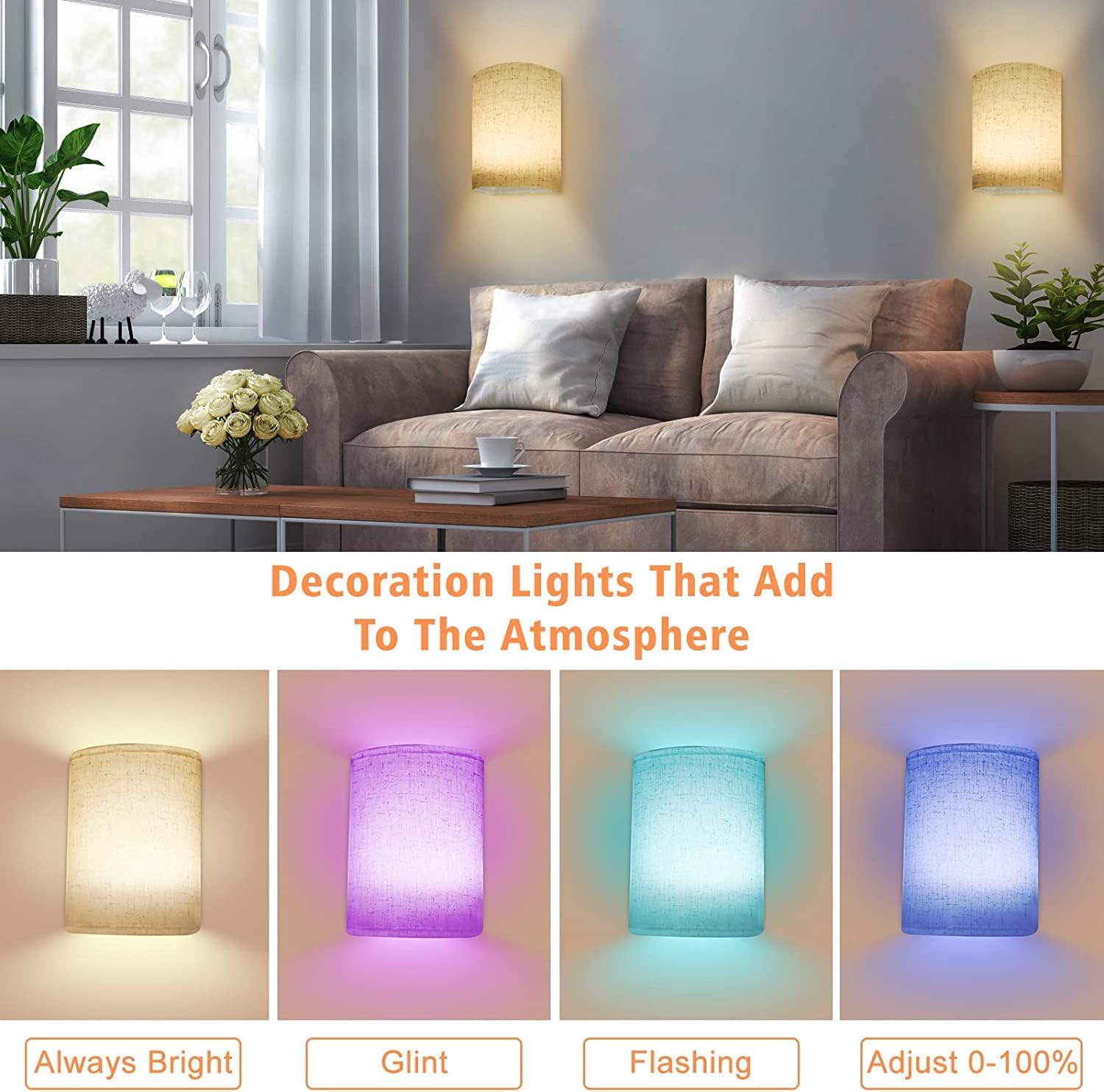 Wireless Battery Operated LED Wall Lights with Remote, 12 Colors + Day White Dimmable Fabric Shade Wall Lamp - Beige