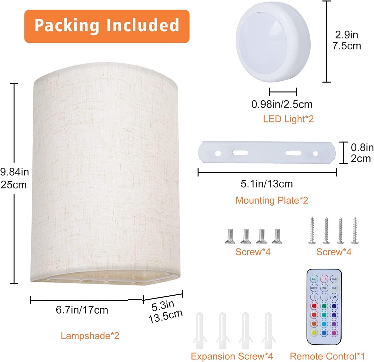 Wireless Battery Operated LED Wall Lights with Remote, 12 Colors + Day White Dimmable Fabric Shade Wall Lamp - Beige