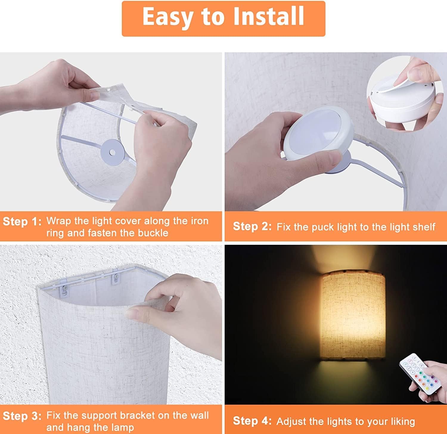 Wireless Battery Operated LED Wall Lights with Remote, 12 Colors + Day White Dimmable Fabric Shade Wall Lamp - Beige
