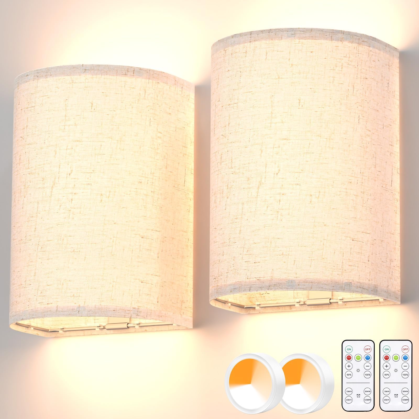 Rechargeable Battery Operated Wall Sconces Set of 2 with Remote, 3-Color Dimmable Fabric Wireless Wall Lamps with Timer for Bedroom Living Room - Multi-Color