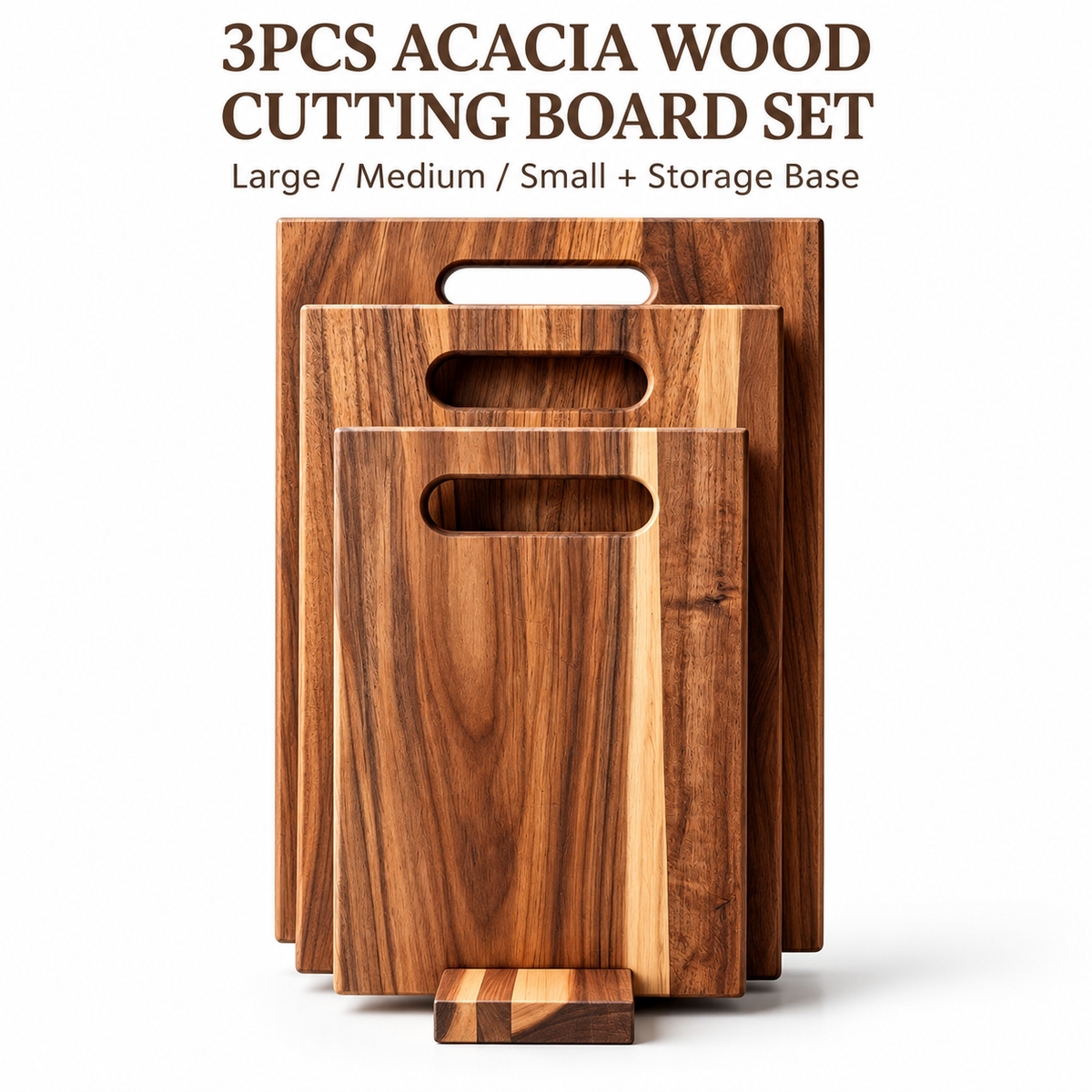 3Pcs Acacia Wood Cutting Board Set with Storage Stand for Kitchen Food Preparation