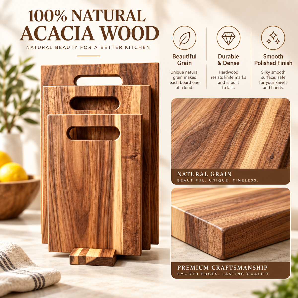 3Pcs Acacia Wood Cutting Board Set with Storage Stand for Kitchen Food Preparation