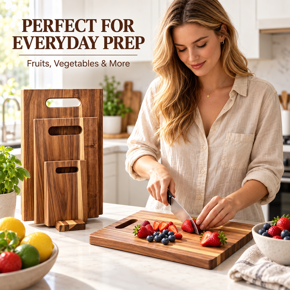 3Pcs Acacia Wood Cutting Board Set with Storage Stand for Kitchen Food Preparation
