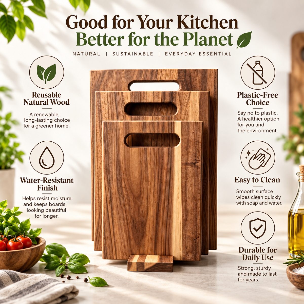 3Pcs Acacia Wood Cutting Board Set with Storage Stand for Kitchen Food Preparation