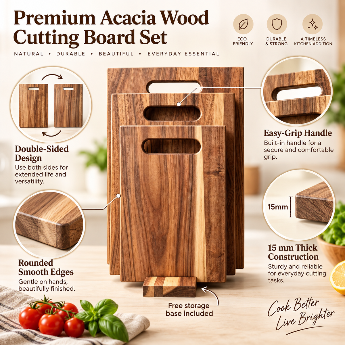 3Pcs Acacia Wood Cutting Board Set with Storage Stand for Kitchen Food Preparation