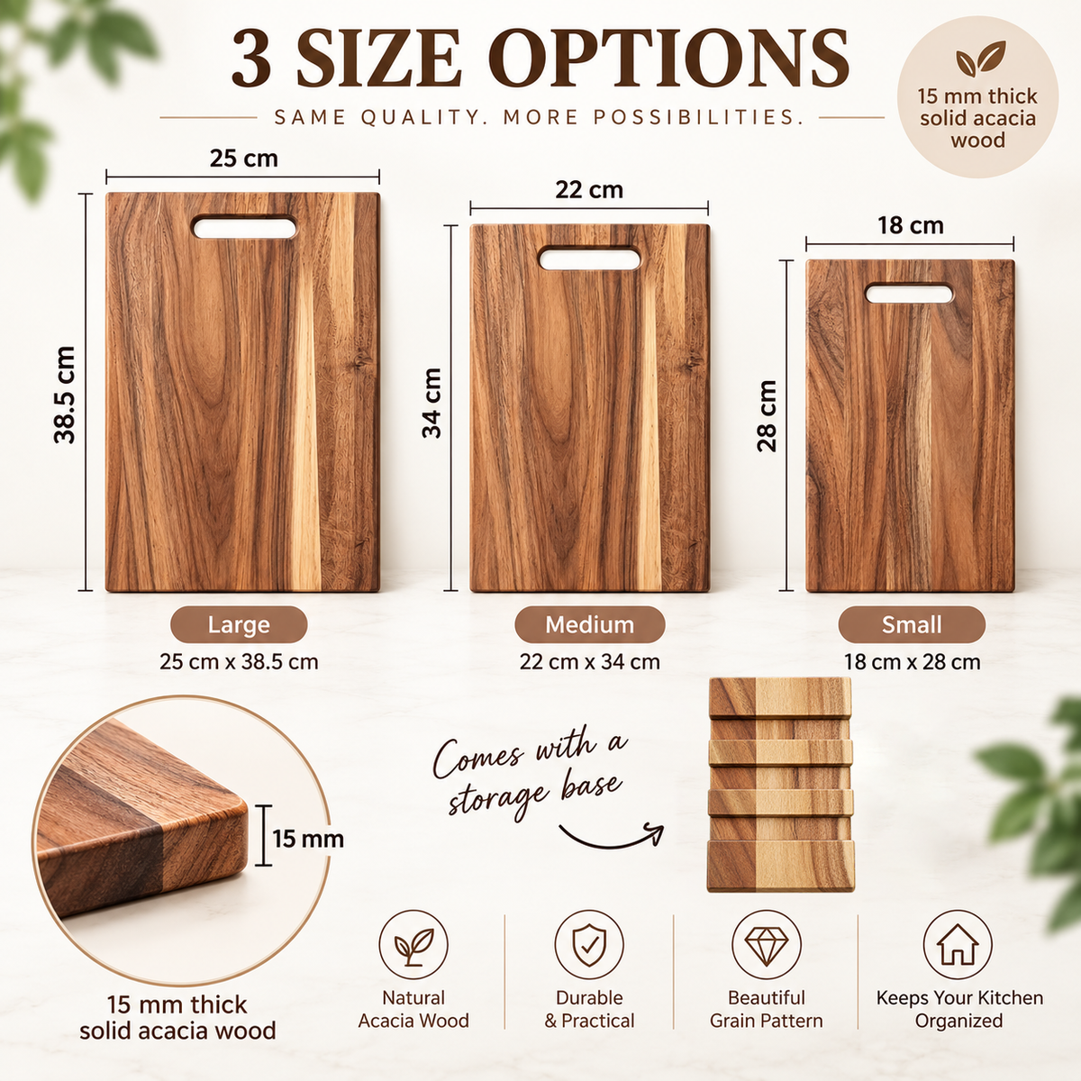 3Pcs Acacia Wood Cutting Board Set with Storage Stand for Kitchen Food Preparation
