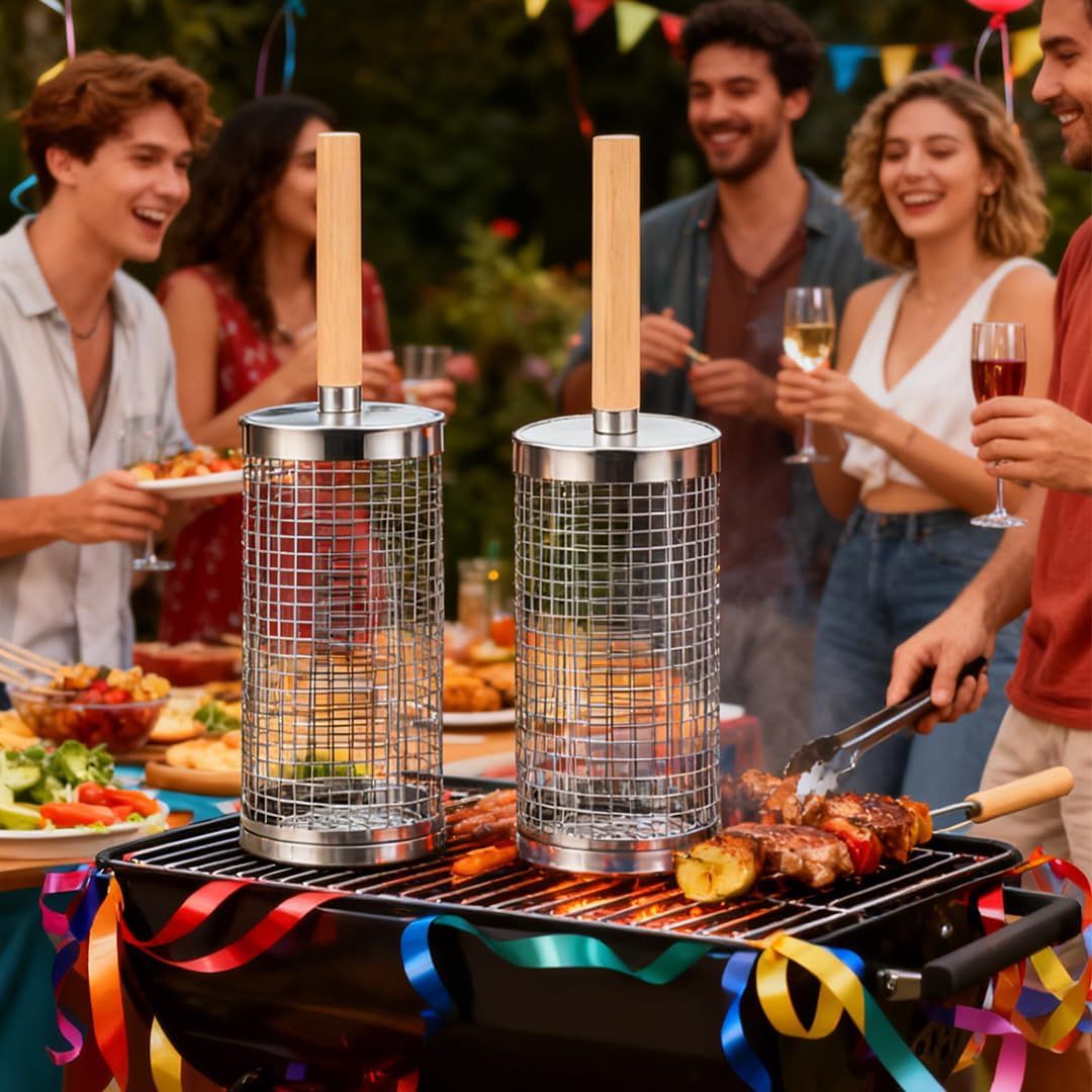 304 Stainless Steel Rolling Grill Basket Set with Removable Handle for Vegetables and Shrimp - Silver