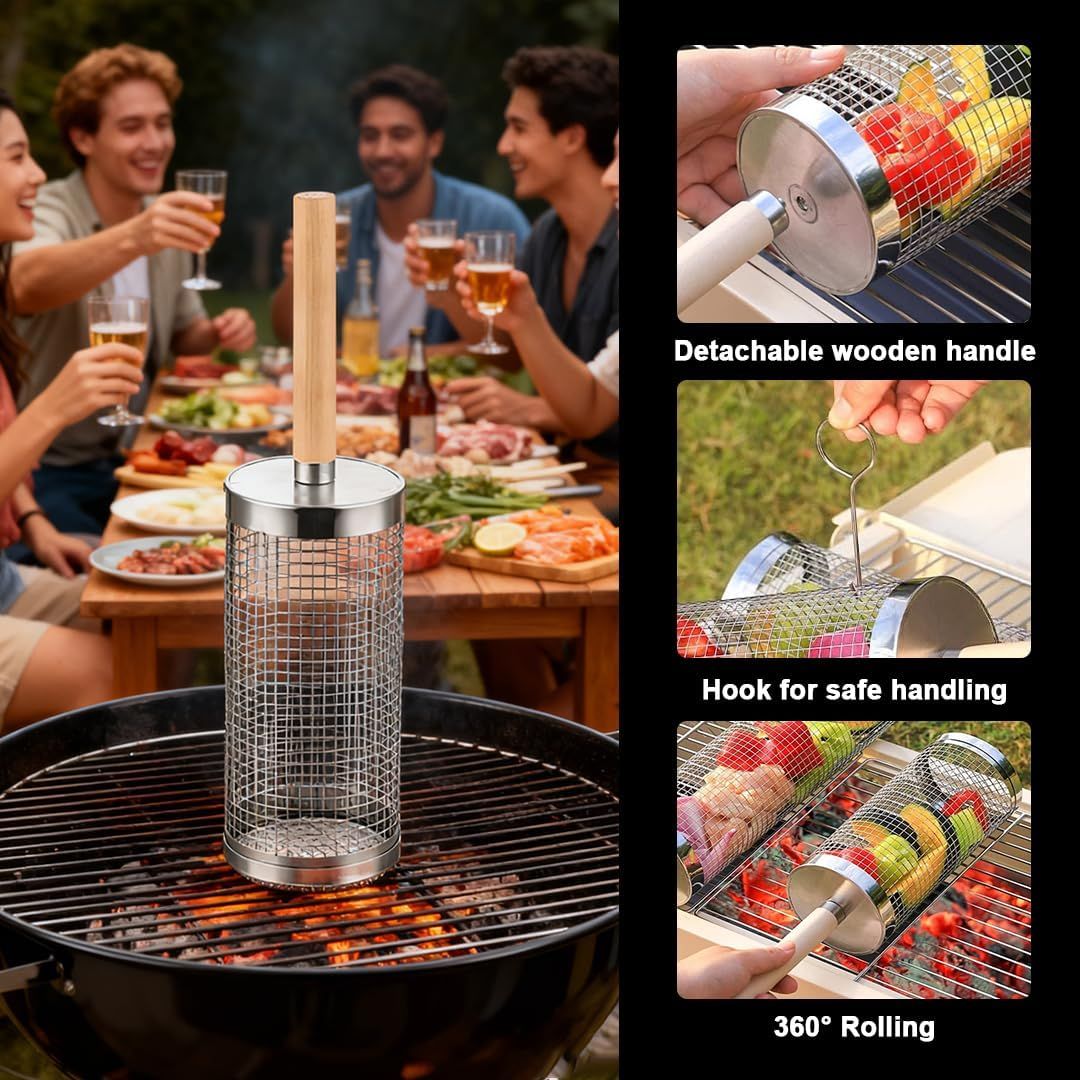 304 Stainless Steel Rolling Grill Basket Set with Removable Handle for Vegetables and Shrimp - Silver