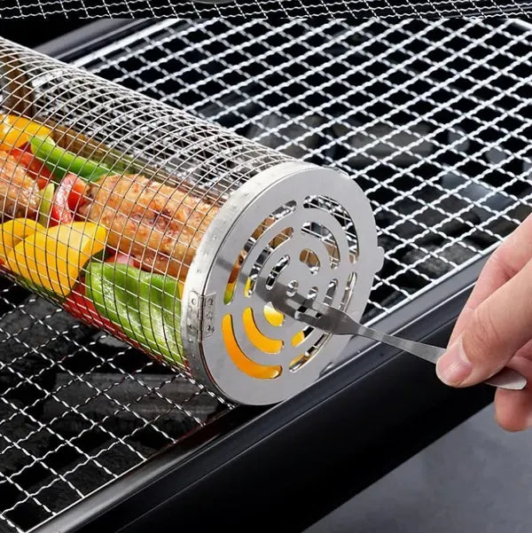 2 Pack Stainless Steel Rolling Grill Baskets with Hooks and Forks 31 cm & 21 cm - Silver