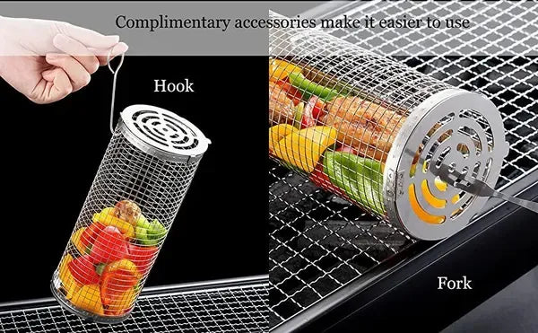 2 Pack Stainless Steel Rolling Grill Baskets with Hooks and Forks 31 cm & 21 cm - Silver