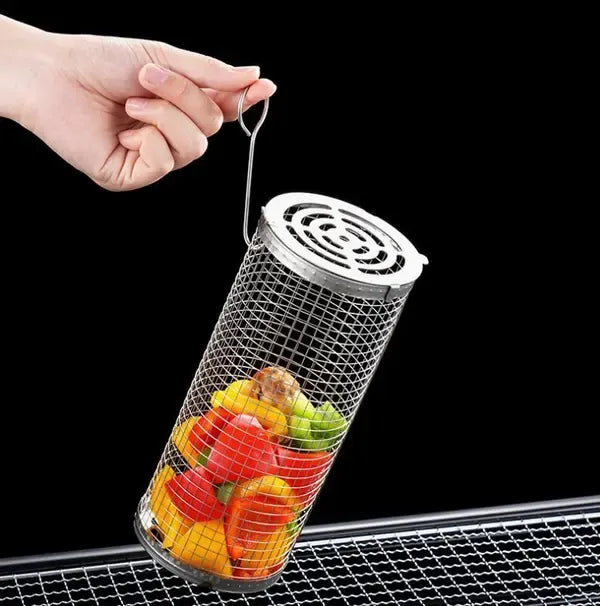 2 Pack Stainless Steel Rolling Grill Baskets with Hooks and Forks 31 cm & 21 cm - Silver