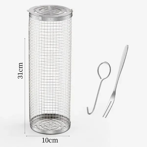 2 Pack Stainless Steel Rolling Grill Baskets with Hooks and Forks 31 cm & 21 cm - Silver